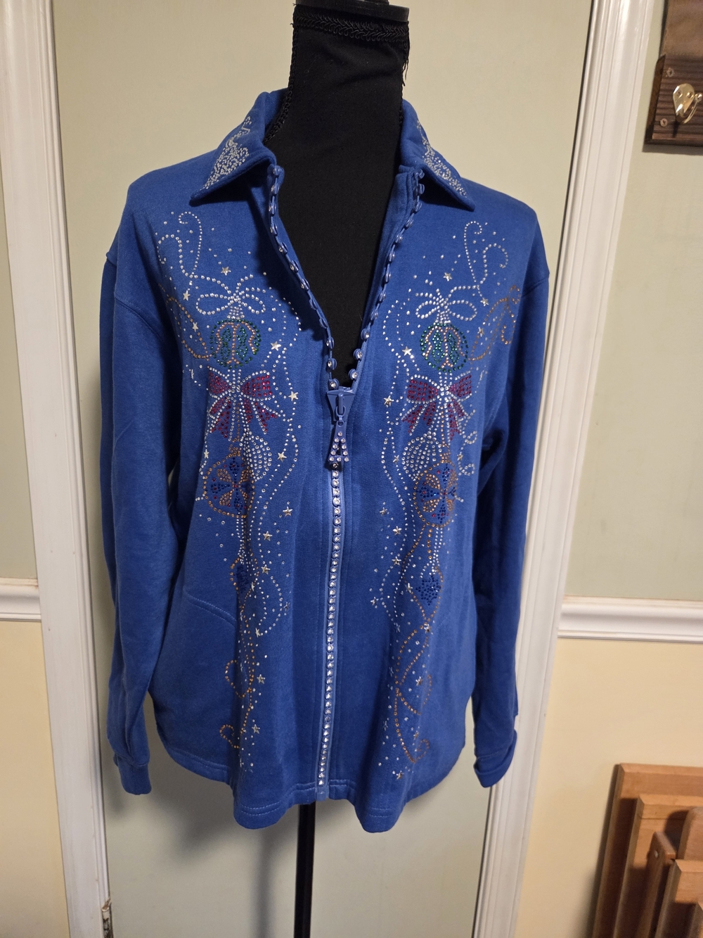 Women's Blue Embellished Zip-Front Bomber Jacket
